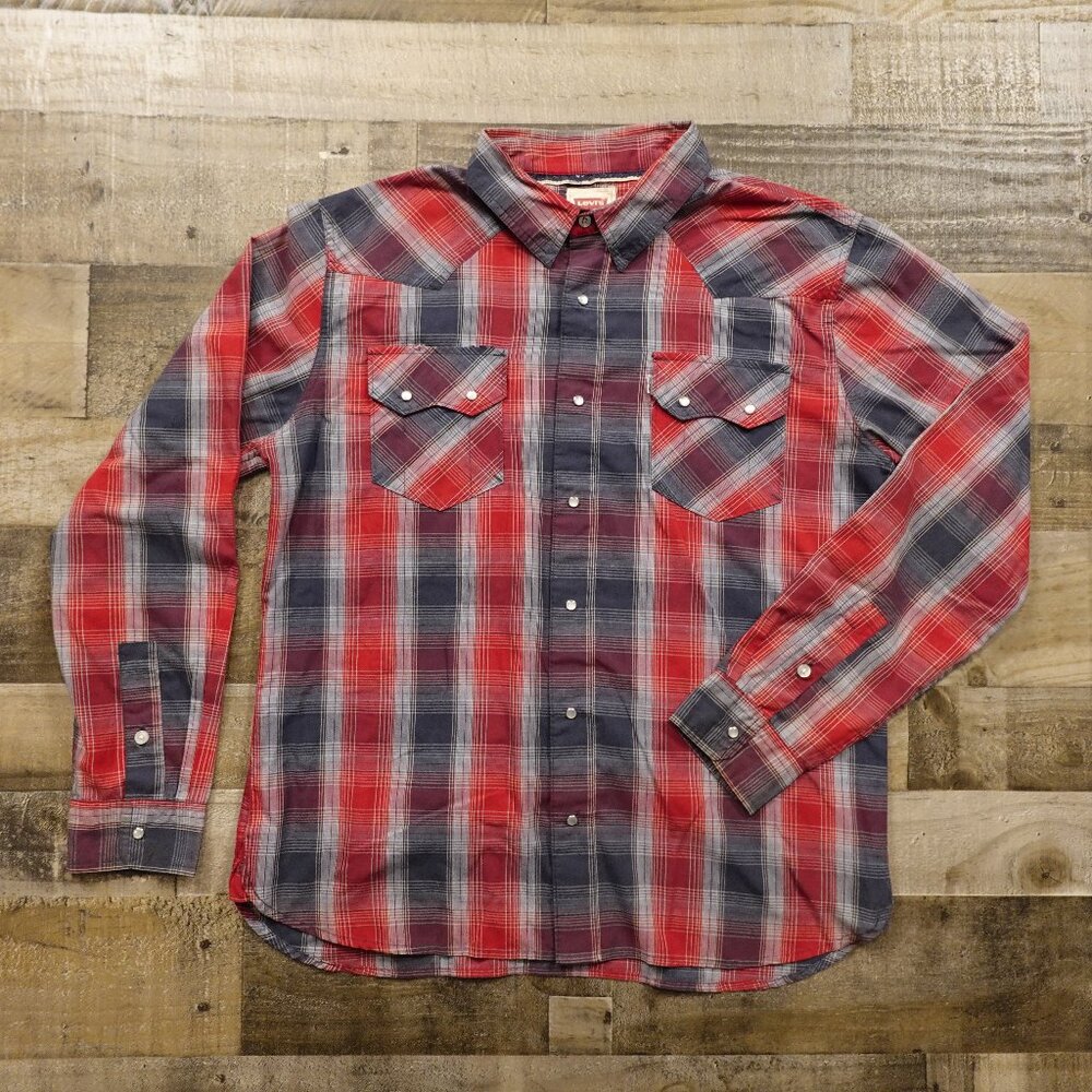 Levi’s Plaid Pearl Snap Western Shirt Men’s Large Red Gray Modern Fit
